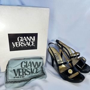 1990s Deadstock Gianne Versace Black Heels with Gold Sun Emblem Sz 5.5/ 6